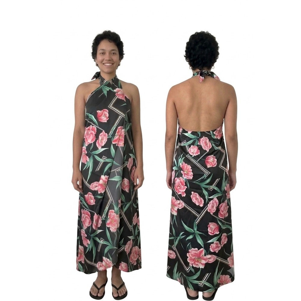 Pomare Hawaii VTG Poly Floral Halter Maxi Dress Black Pink Green Wrap Backless